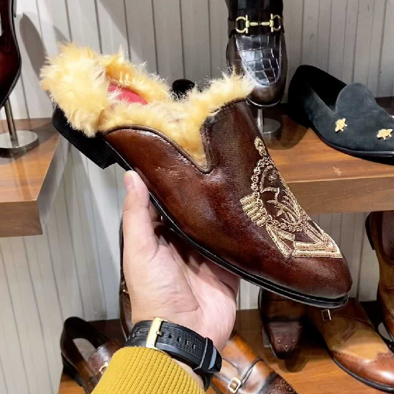 Men's Brown Hair Slippers