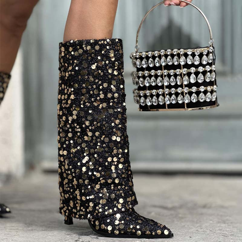 Women's Knee High Fold Over Pointed Toe Boots Glitter Riding Boots