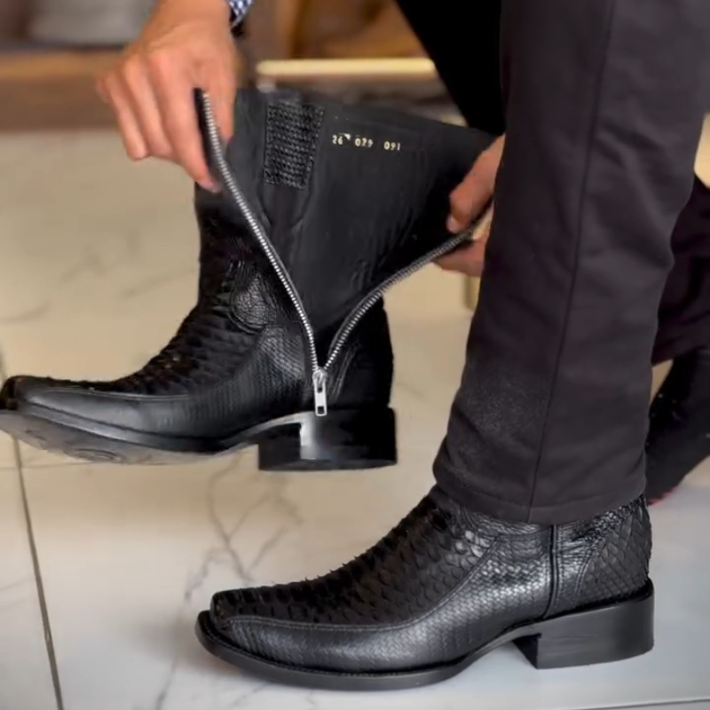 Black Crocodile-Patterned Side-Zip Cowboy Boots