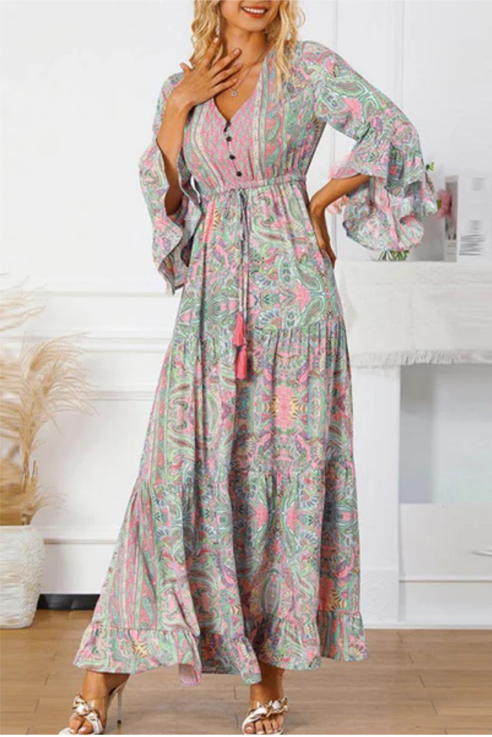 Paisley Printed Ruffle Trim Elegant Maxi Dress