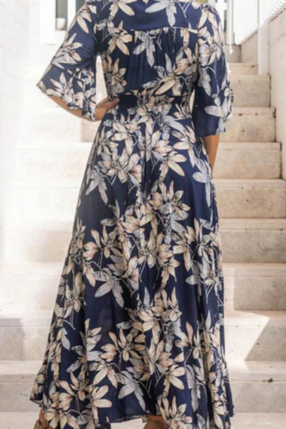 Navy Flute Sleeve Button-Up Purdy A-Line Dress