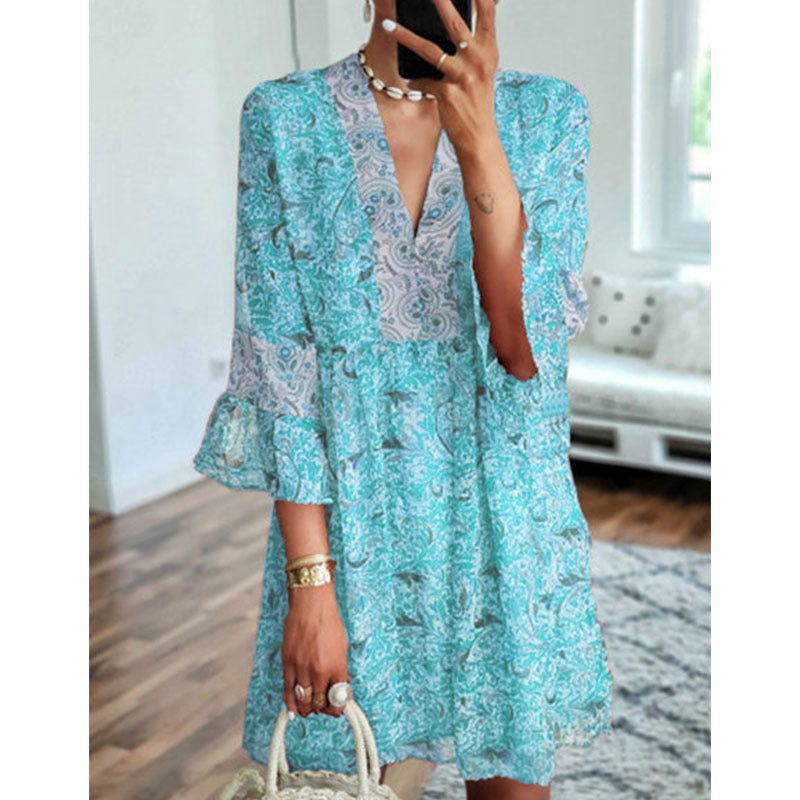 V-neck Print Stitching Loose Cropped Flared Sleeve Dress