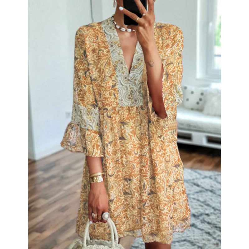 V-neck Print Stitching Loose Cropped Flared Sleeve Dress