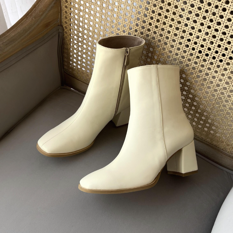 Side-Zip Leather Mid-Heel Boots