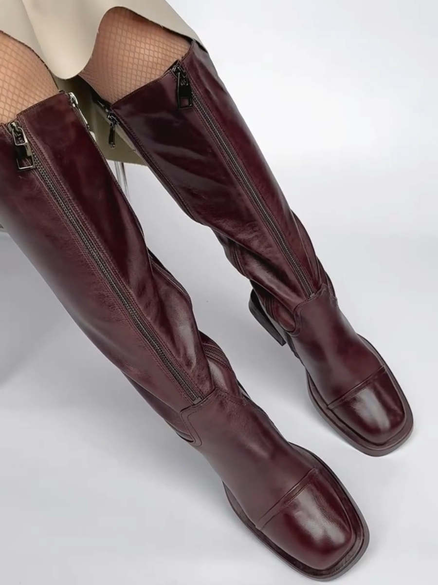 Genuine Leather Lined Zip-fastening Knee-high Boots