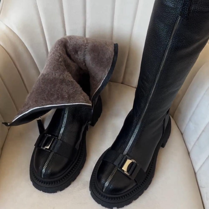 Women's Black Genuine Leather Zipper Knee-High Boots