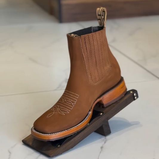 Square-Toe Embroidered Denim Ankle Boots