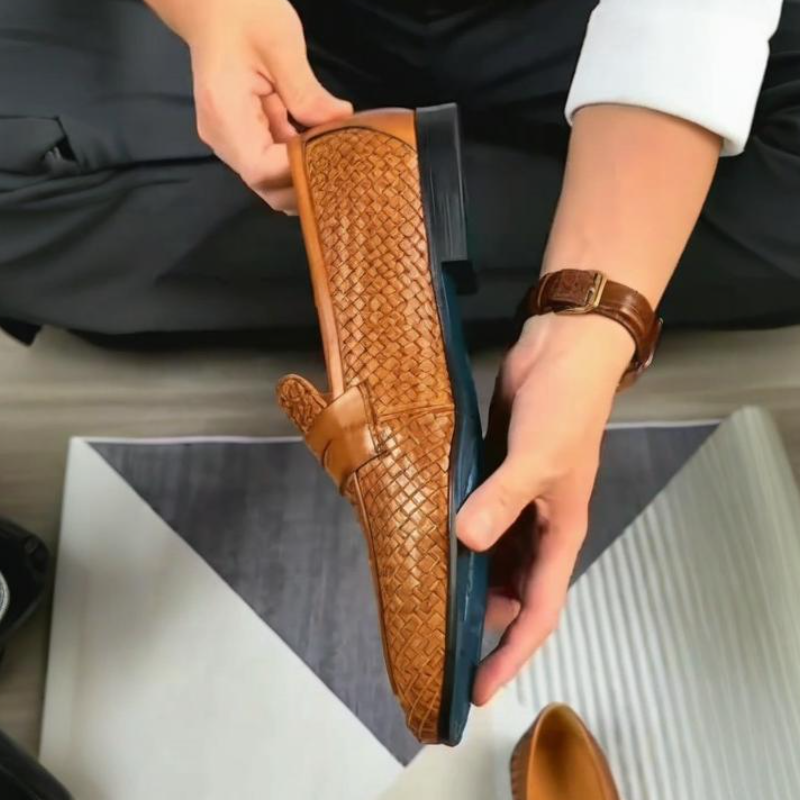 Handmade Men's Woven Brown Loafers