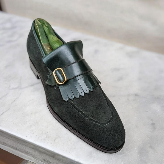 Handmade Green Suede Tassel Loafers