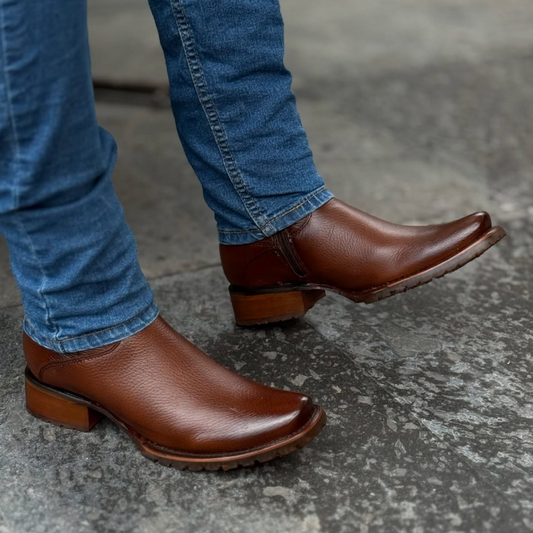 Square-Toe Side-Zipper Leather Cowboy Boots