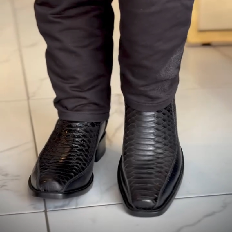 Black Crocodile-Patterned Side-Zip Cowboy Boots