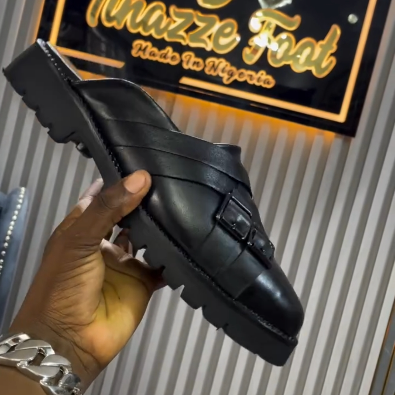 Handmade Black Cowhide Adjustable Half Slippers