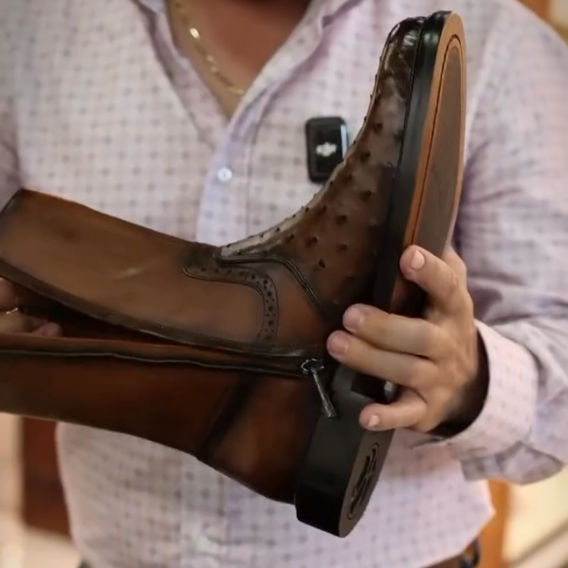 Handcrafted Double-Zip Ostrich Leather Cowboy Boots