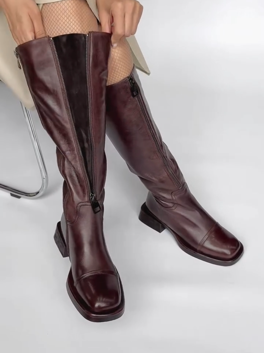 Genuine Leather Lined Zip-fastening Knee-high Boots