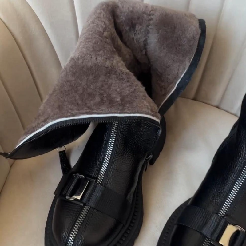 Women's Black Genuine Leather Zipper Knee-High Boots