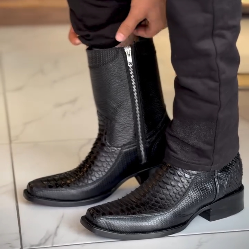 Black Crocodile-Patterned Side-Zip Cowboy Boots
