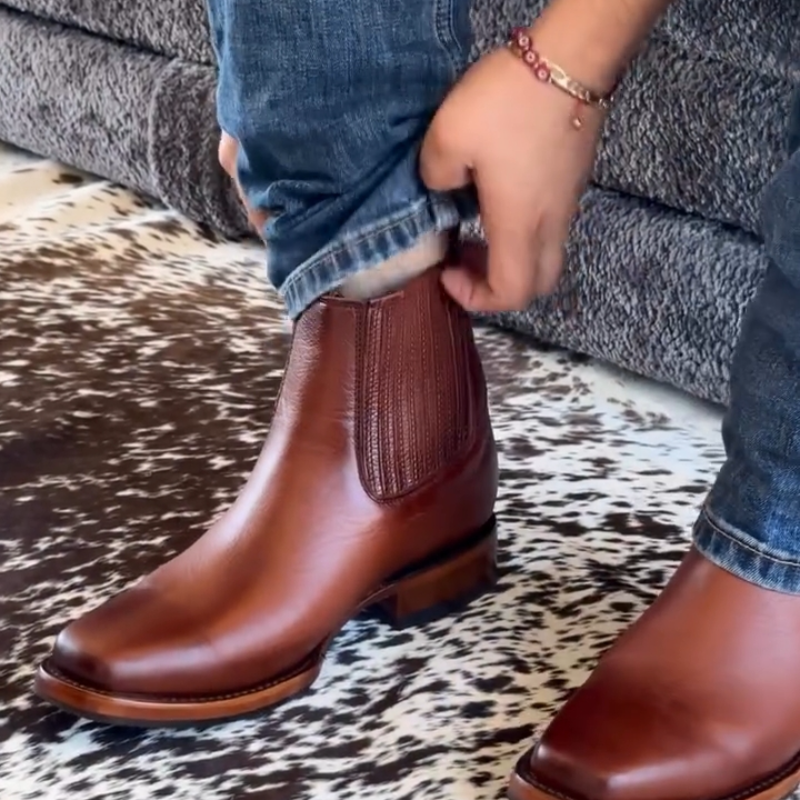 Men's Brown Stretch Genuine Leather Ankle Boots