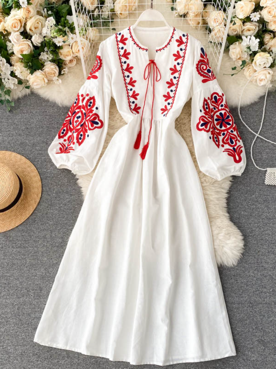 Embroidered Lace-up Lantern Sleeve Dress