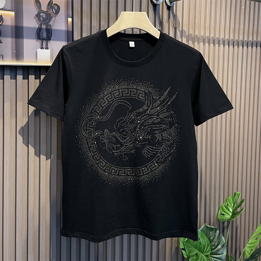 Summer Short Sleeve T-shirt Slim Fit Dragon Printed Rhinestone