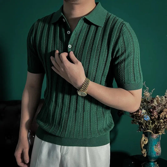 Word pattern breathable light luxury striped slim summer polo shirt
