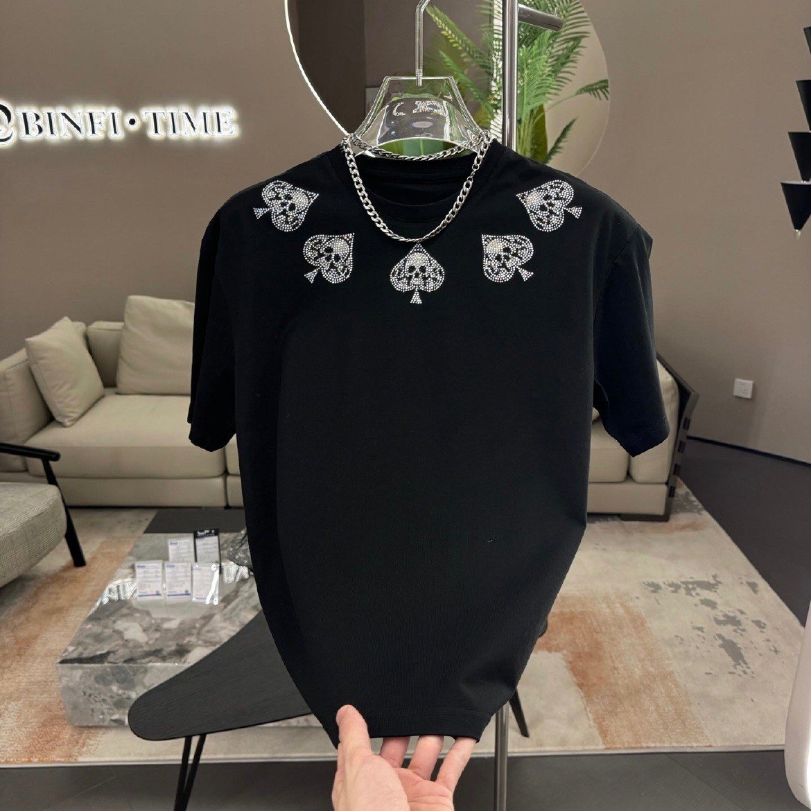 Spades Skull Hot Diamond Loose Round Neck Short Sleeve T