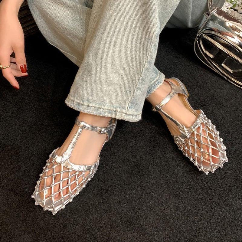 Square toe block heel hollow flat sandals