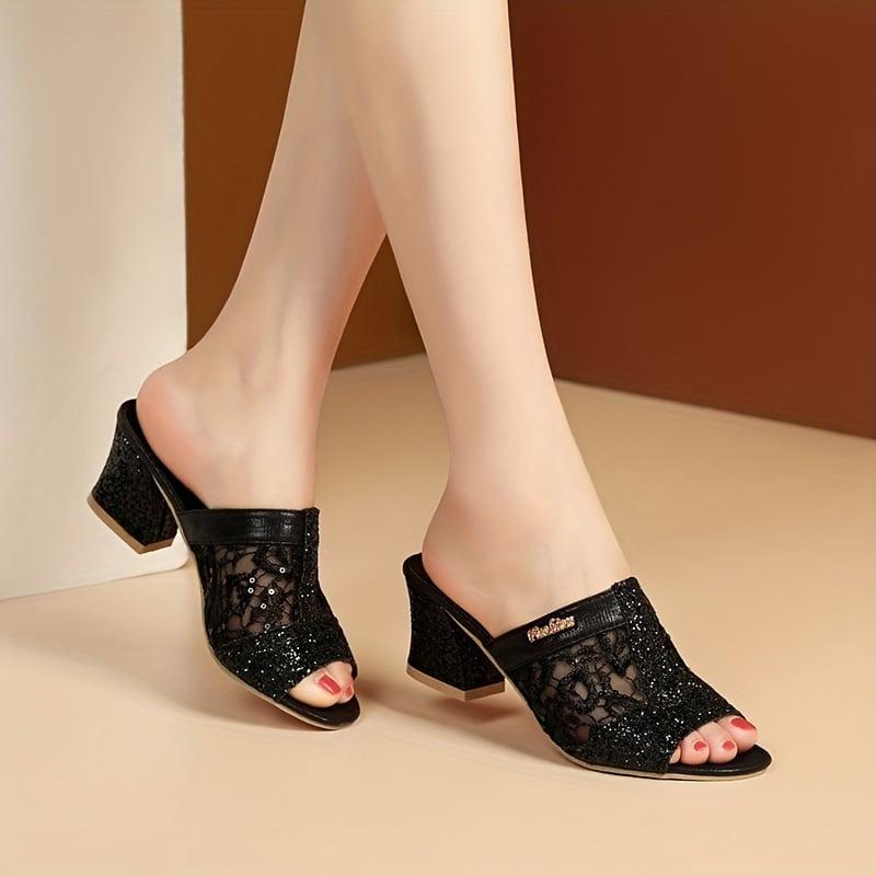 Mesh chunky heel sequined sandals