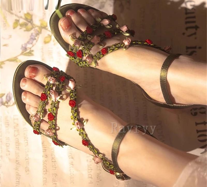 Rattan flower green sandals fairy style