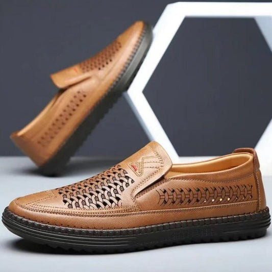 Summer casual men's leather shoes breathable hollow leather shoes soft sole slip-on