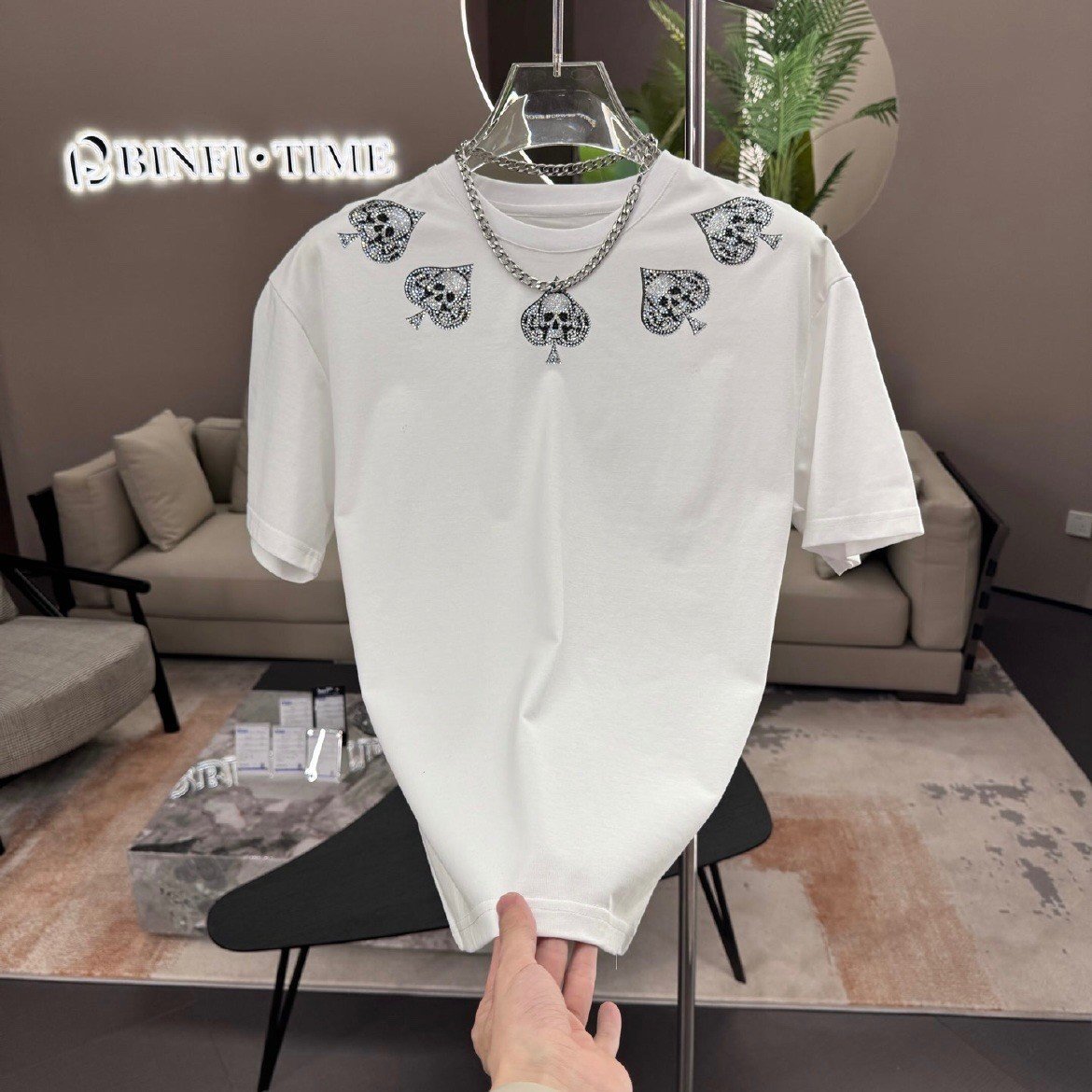 Spades Skull Hot Diamond Loose Round Neck Short Sleeve T