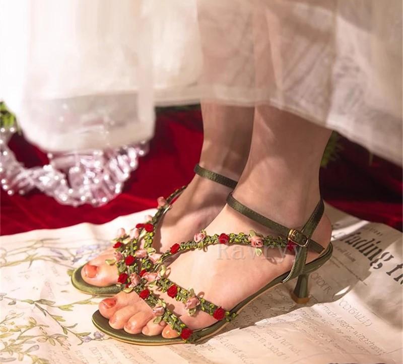 Rattan flower green sandals fairy style