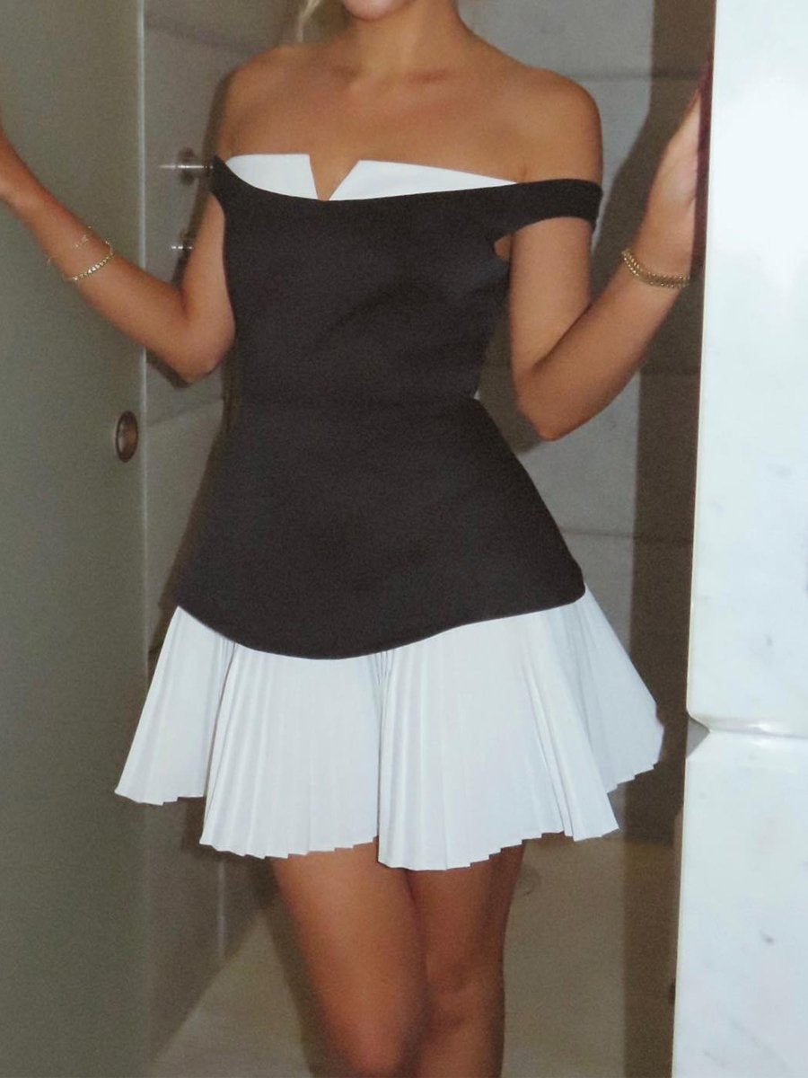 Pleated Hem Off Shoulder Mini Dress