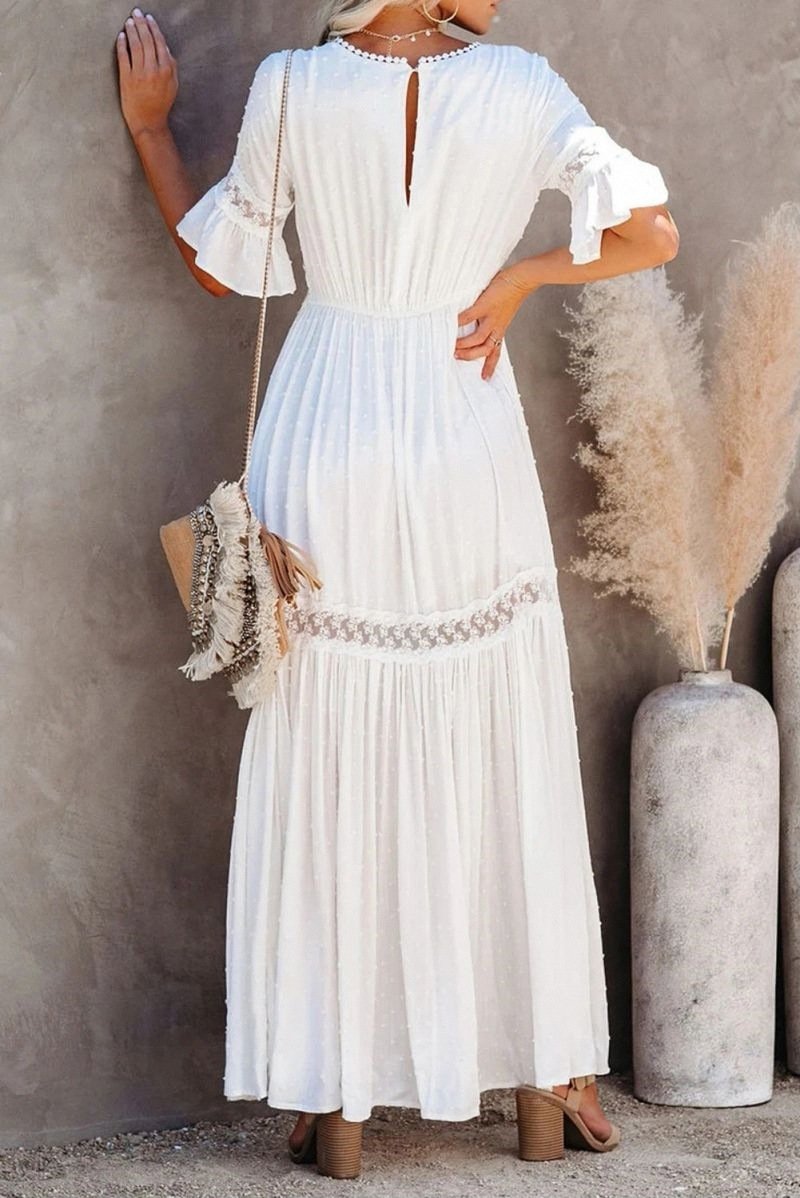 New short-sleeved dress solid color lace V-neck long dress