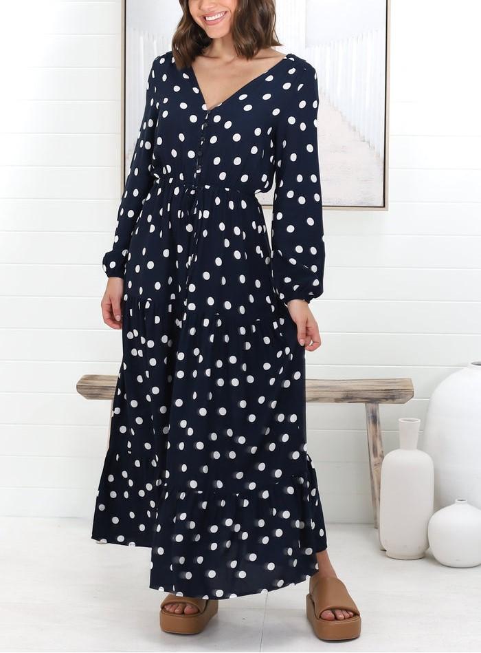 Casual Buttoned Bodice Pull In Waist Maxi Dress