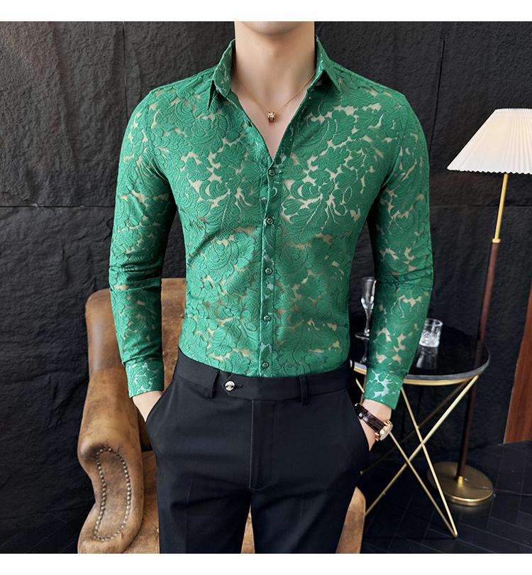 Sexy hollow light luxury lace trendy men's long-sleeved shirt