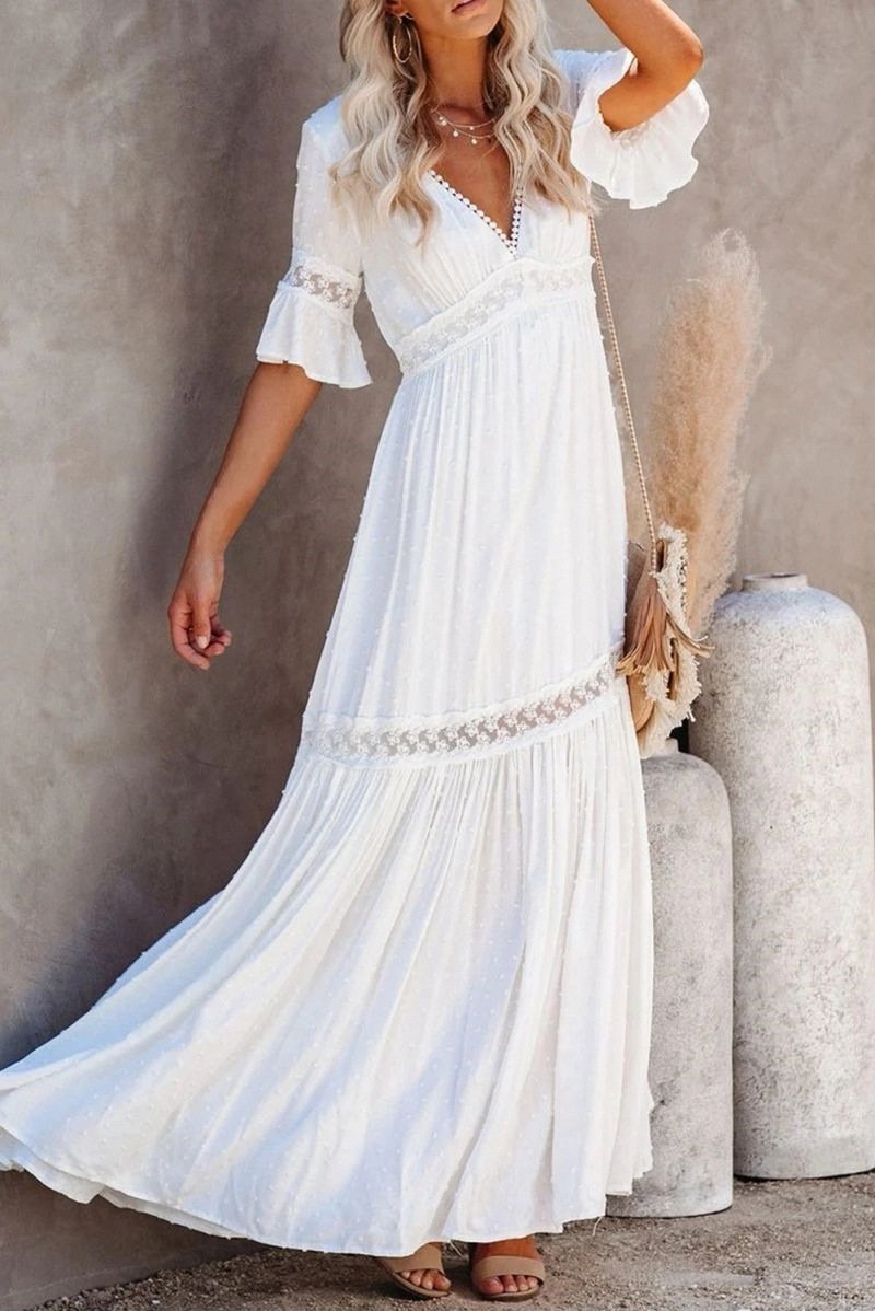 New short-sleeved dress solid color lace V-neck long dress