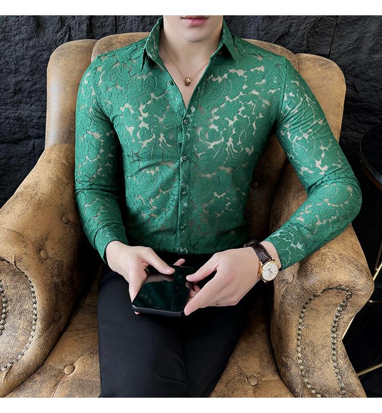 Sexy hollow light luxury lace trendy men's long-sleeved shirt