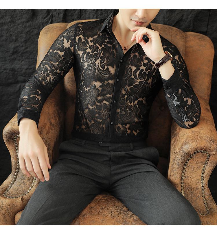 Sexy hollow light luxury lace trendy men's long-sleeved shirt