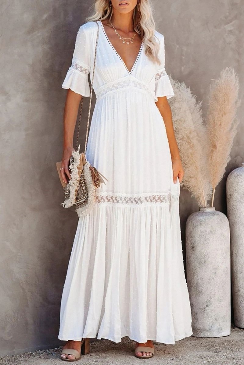 New short-sleeved dress solid color lace V-neck long dress