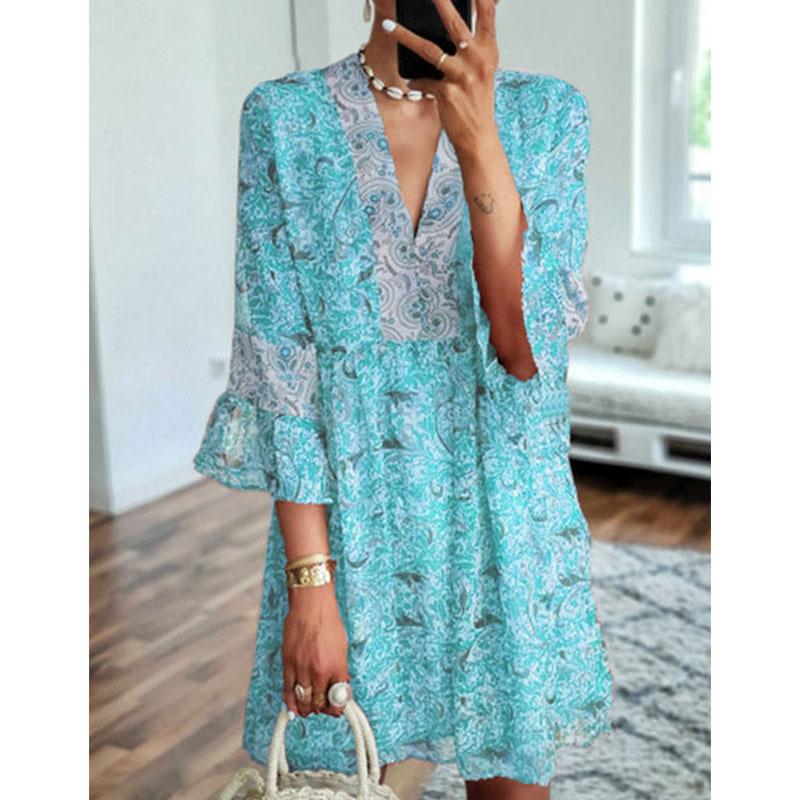 V-neck Print Stitching Loose Cropped Flared Sleeve Dress