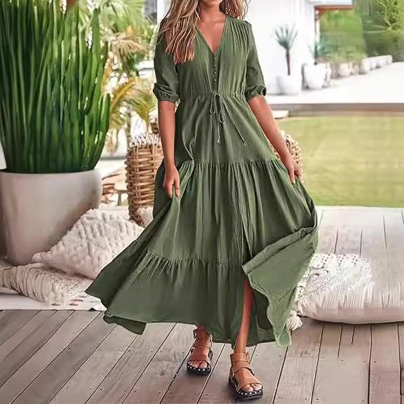 Button Drawstring Hem Slit Dress