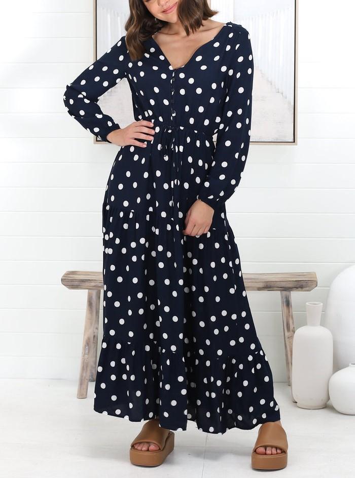 Casual Buttoned Bodice Pull In Waist Maxi Dress