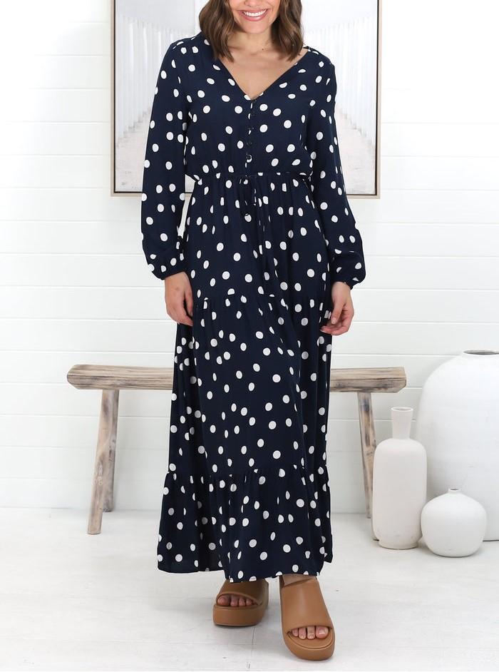 Casual Buttoned Bodice Pull In Waist Maxi Dress