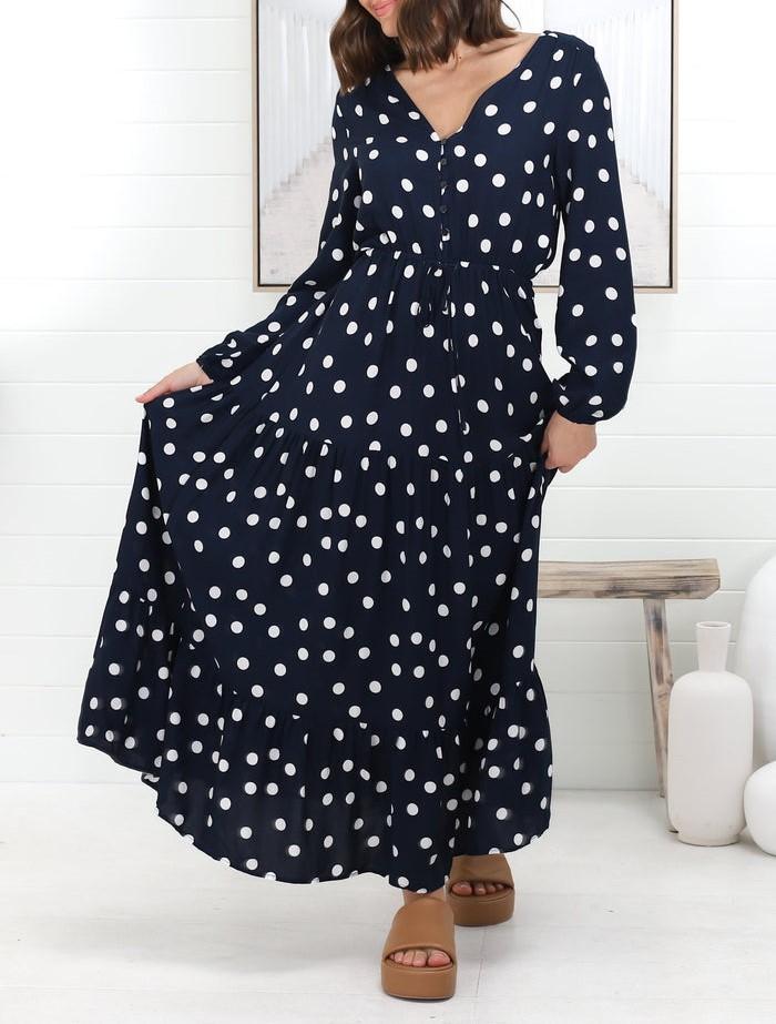 Casual Buttoned Bodice Pull In Waist Maxi Dress