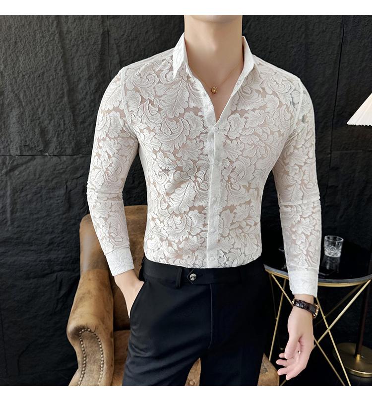 Sexy hollow light luxury lace trendy men's long-sleeved shirt