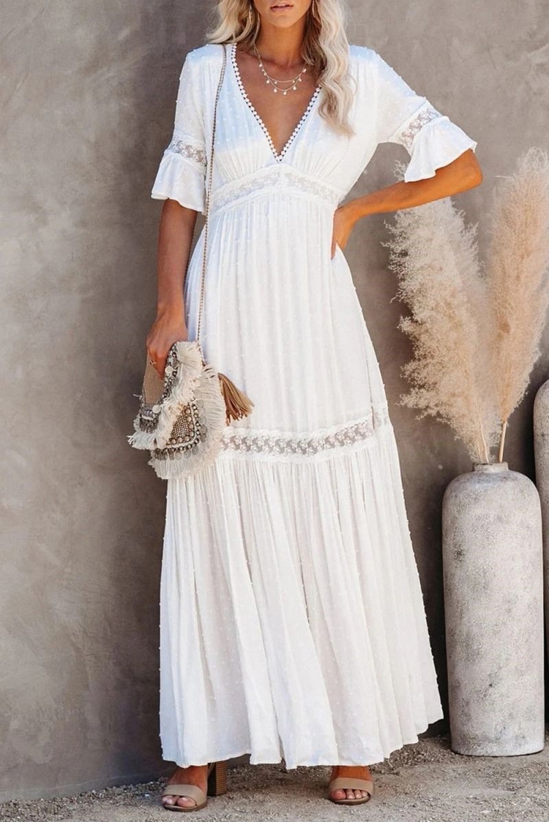 New short-sleeved dress solid color lace V-neck long dress