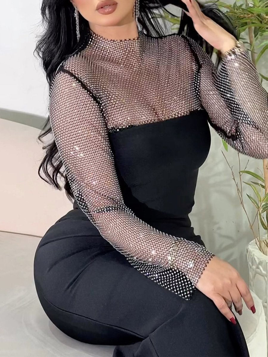 Rhinestone Sparkle Mesh See-through Dress