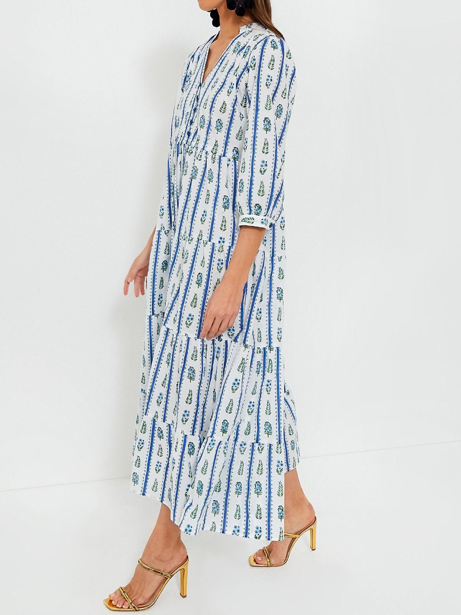 V Neck Printed Cotton Maxi Dress