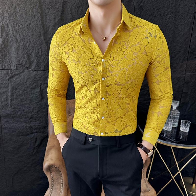Sexy hollow light luxury lace trendy men's long-sleeved shirt