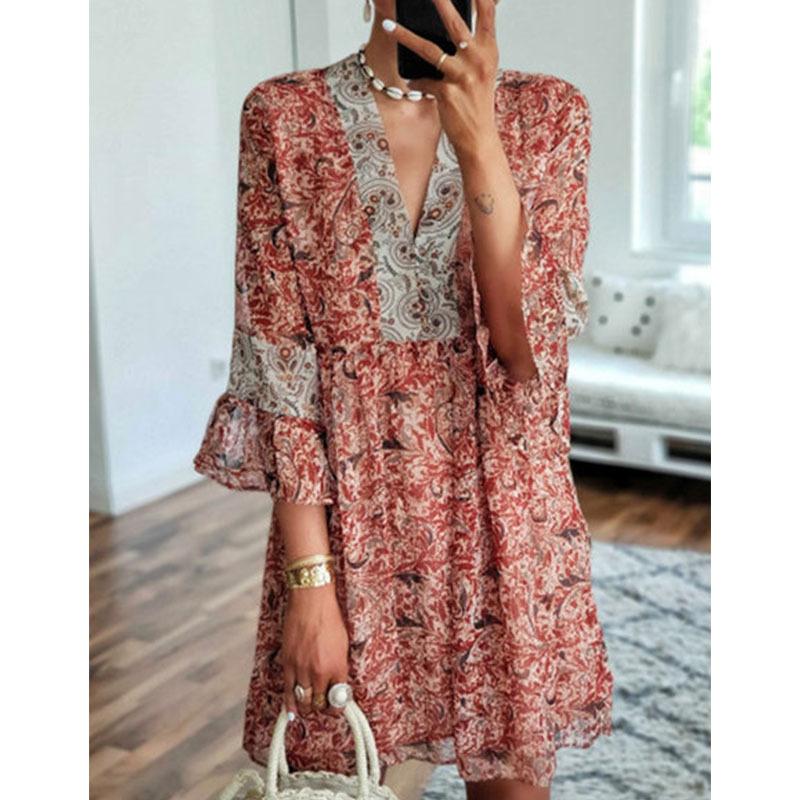 V-neck Print Stitching Loose Cropped Flared Sleeve Dress